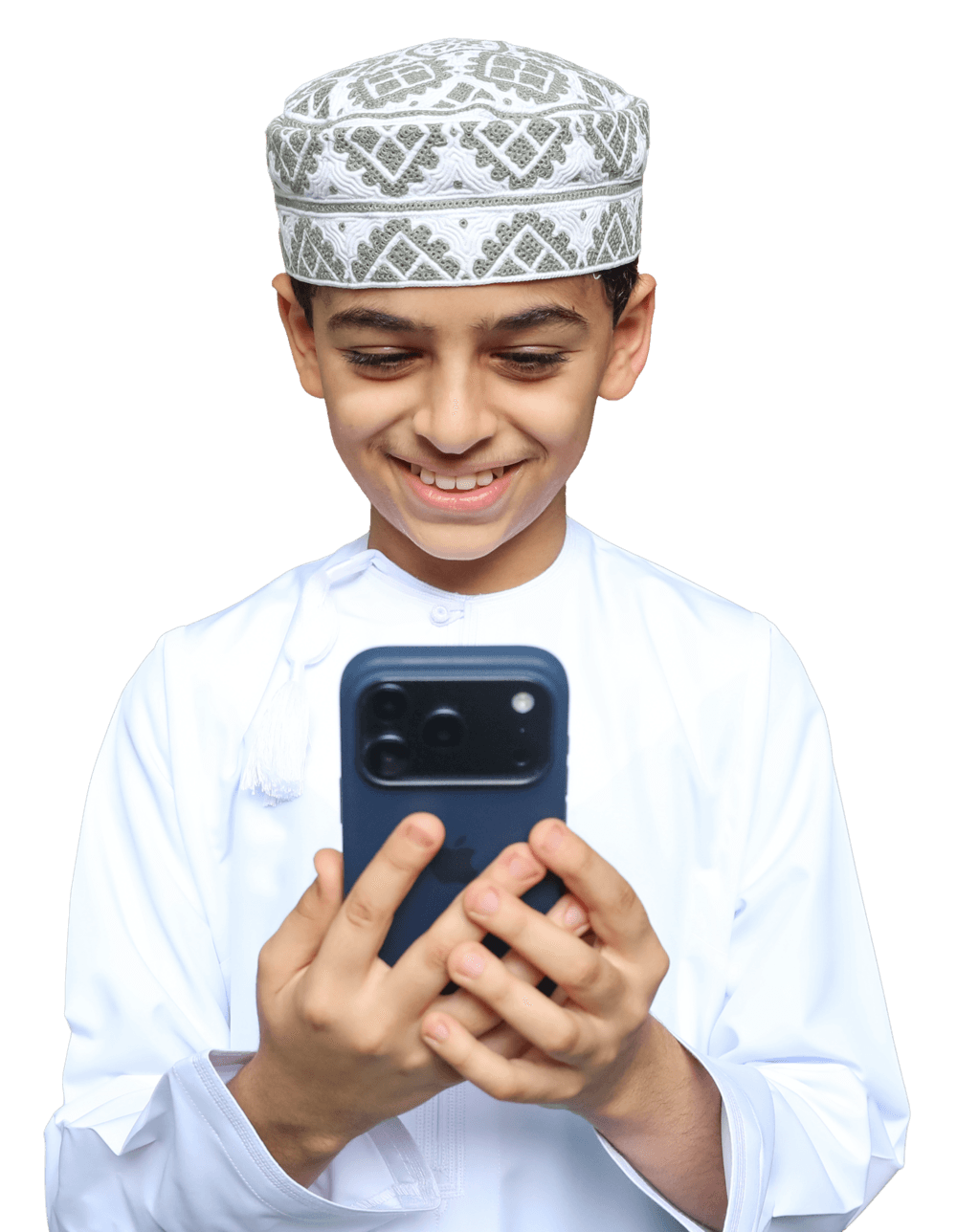 Omani boy holding a smartphone