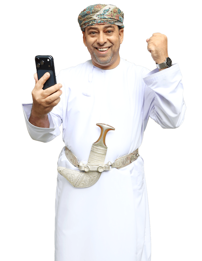 Smiling Omani seller holding a phone