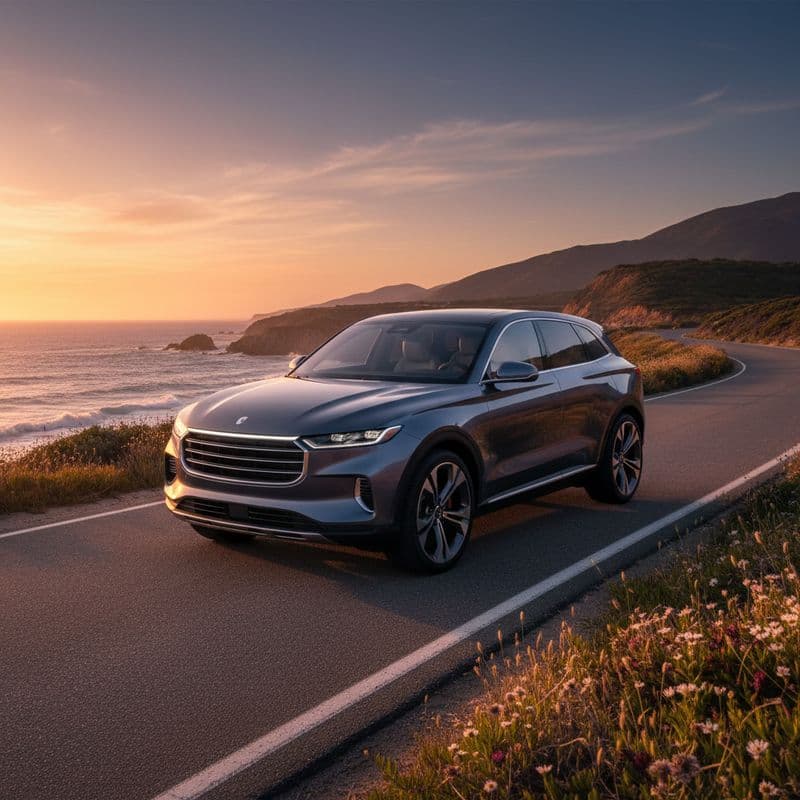 A dark grey SUV on a coastal road at sunset